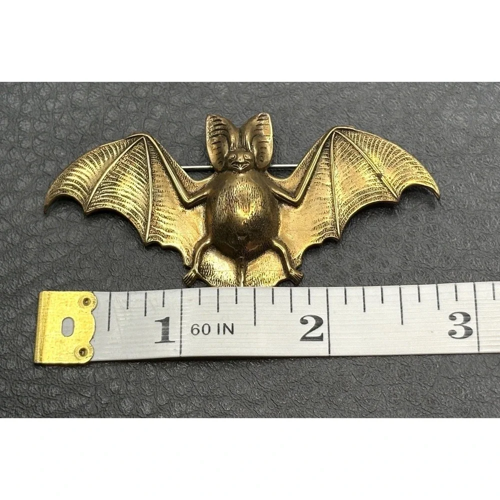 Vintage Victorian Revival Bat Brooch Pin Gothic Detailed Antiqued Gold Tone